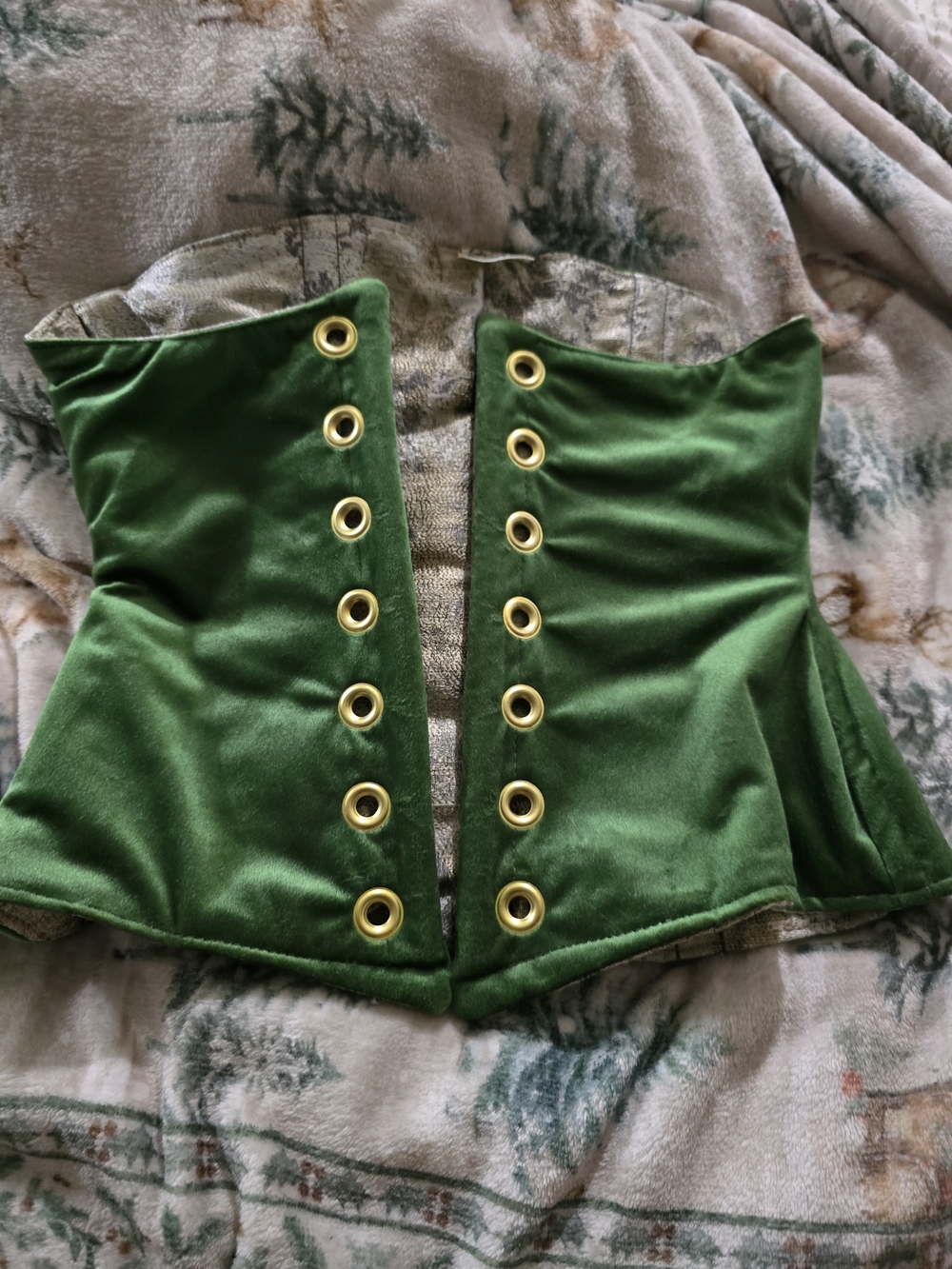 Green Velvet Corset-Style Bustier with Gold Eyelets